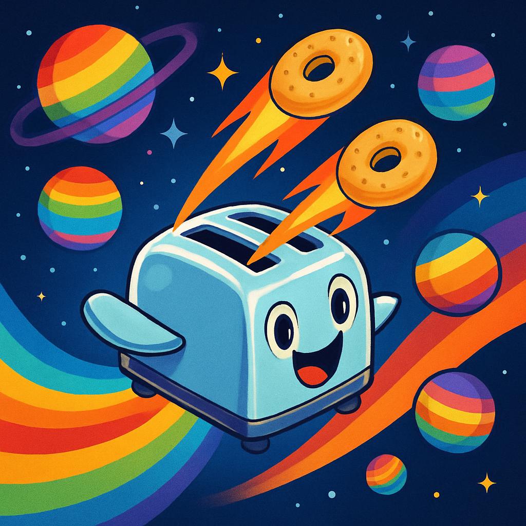 A cartoon toaster is depicted emitting donuts and rainbow trails at light speed across a rainbow-filled space background.