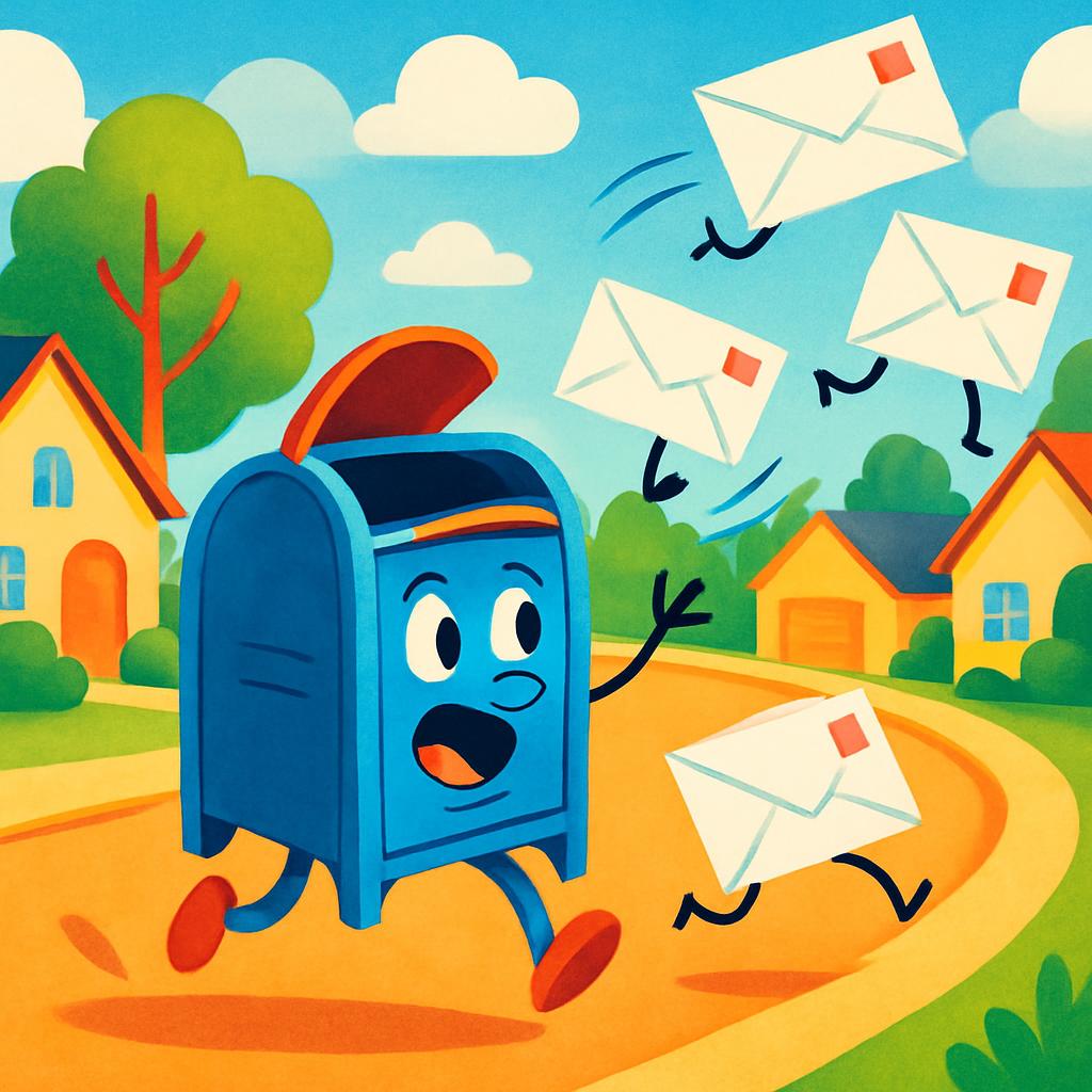 A cartoon mailbox smiling as several white postcards with red envelopes fly towards it along a curved path.