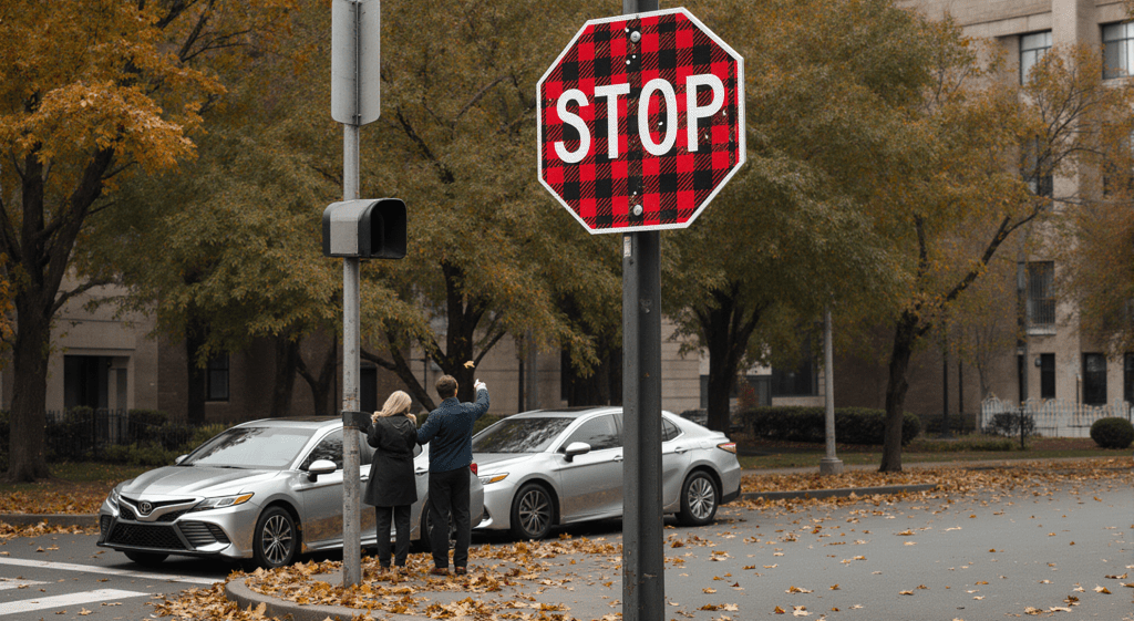 Division of Seasonal Traffic Aesthetics Rolls Out Plaid Stop Signs